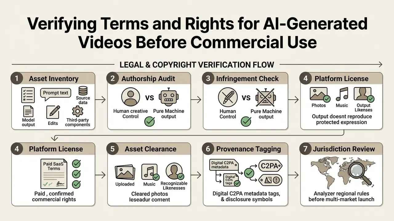 Seven step process chart outlining legal and copyright verification tasks for video production
