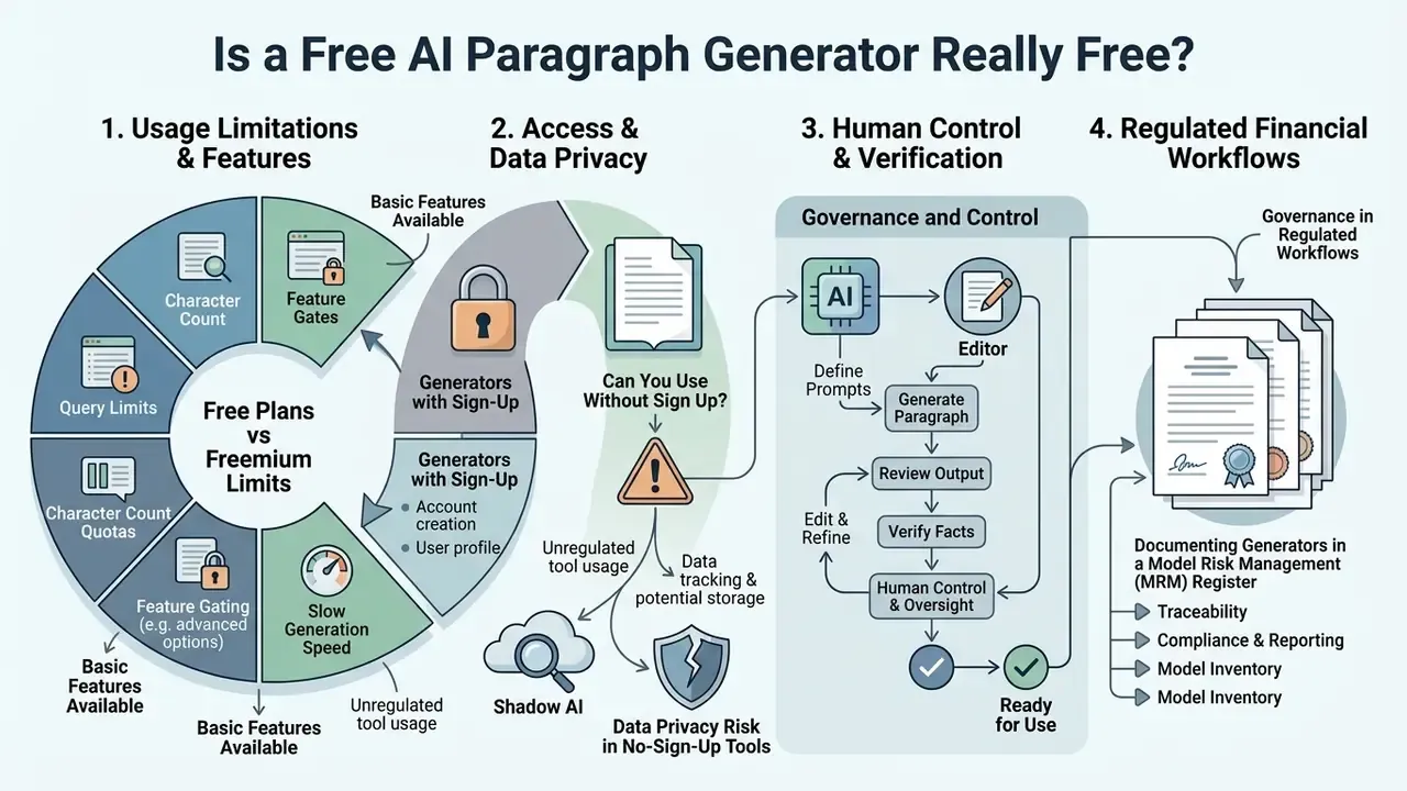 Four-part diagram detailing usage limits, data privacy risks, human verification, and regulatory workflows