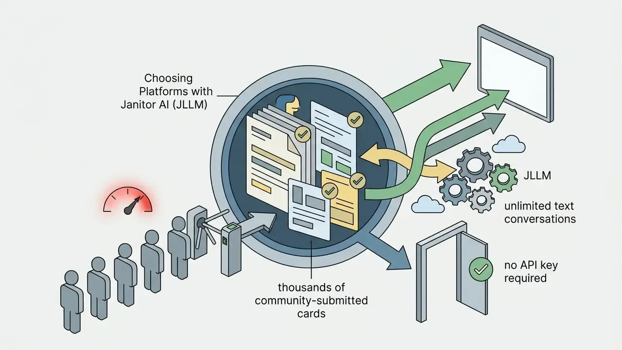Queue of people passing through a turnstile into a hub of character cards linked to server and access icons