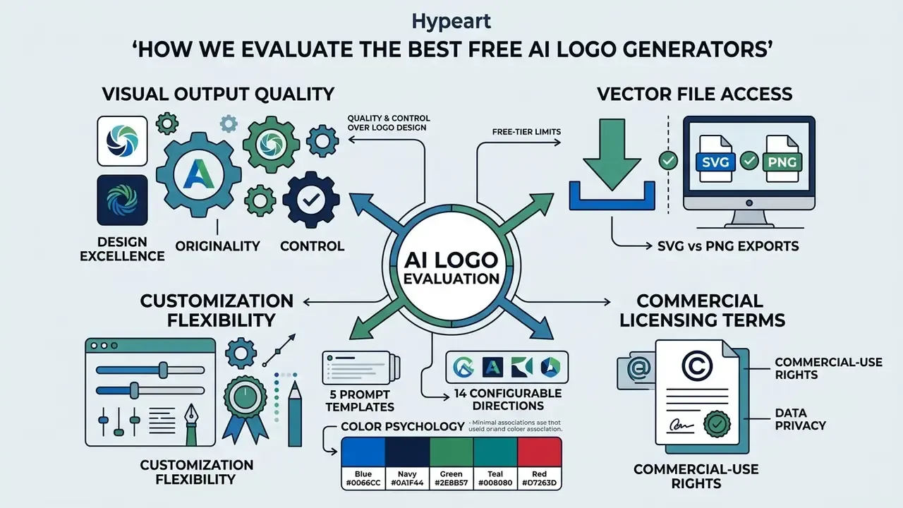Infographic showing four criteria for evaluating AI logo generators including quality and licensing