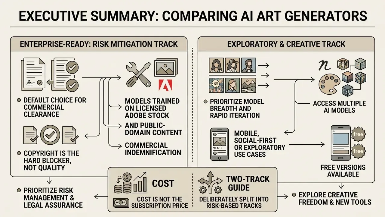 Infographic comparing enterprise risk mitigation and creative exploration tracks for AI art generators