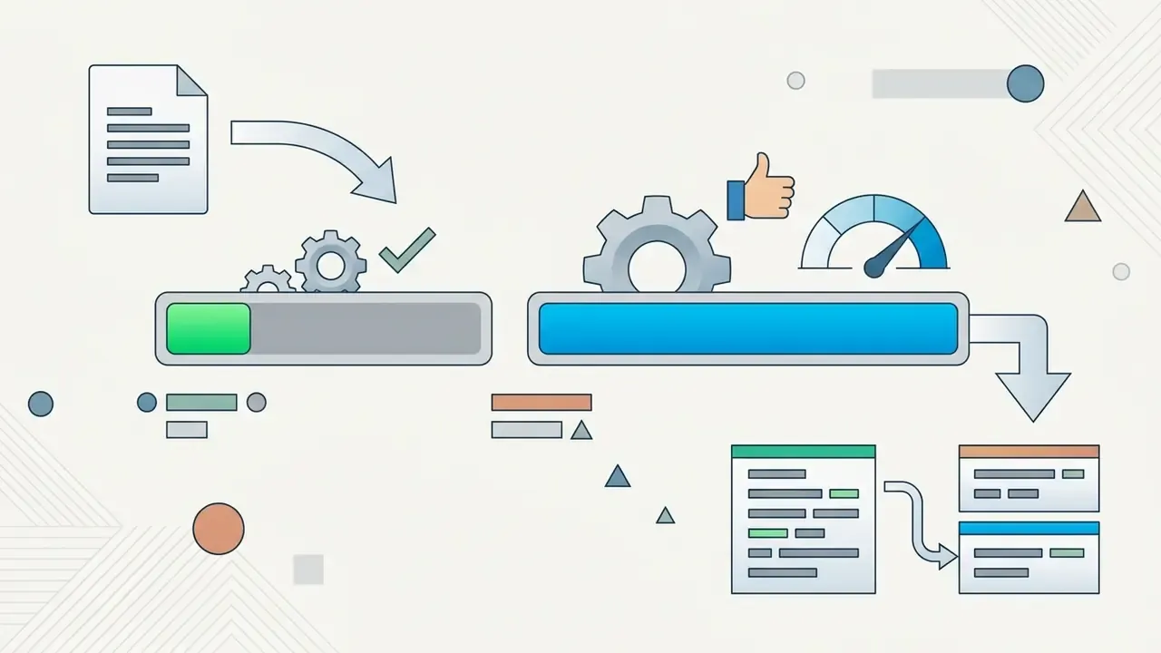 Document being processed through progress bars with gears and a speedometer icon indicating output limits