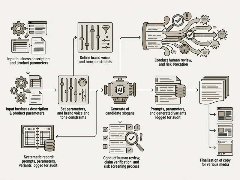 Diagram showing the sequential steps to create and verify marketing taglines from input to final output