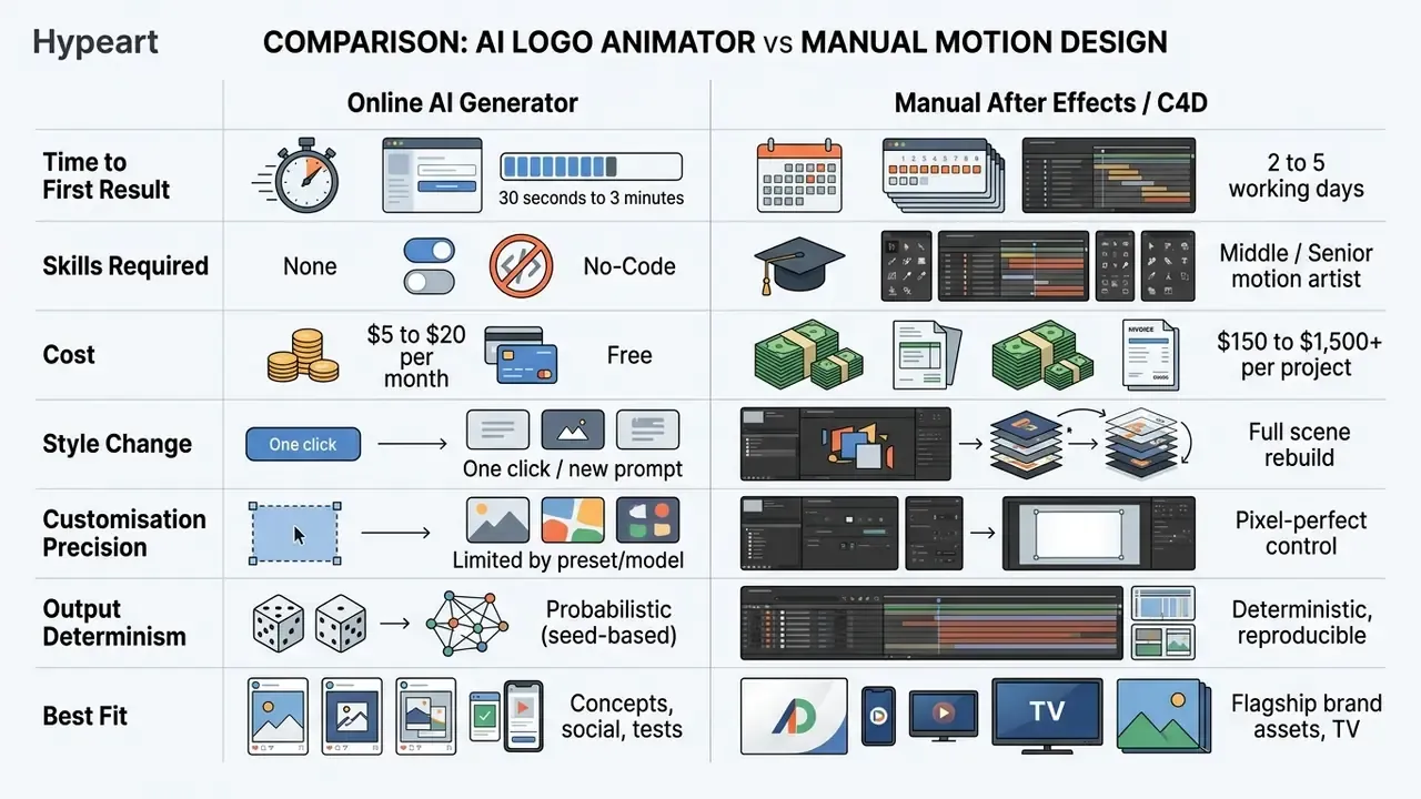 Comparison table contrasting automated AI logo animation workflows with manual professional design methods