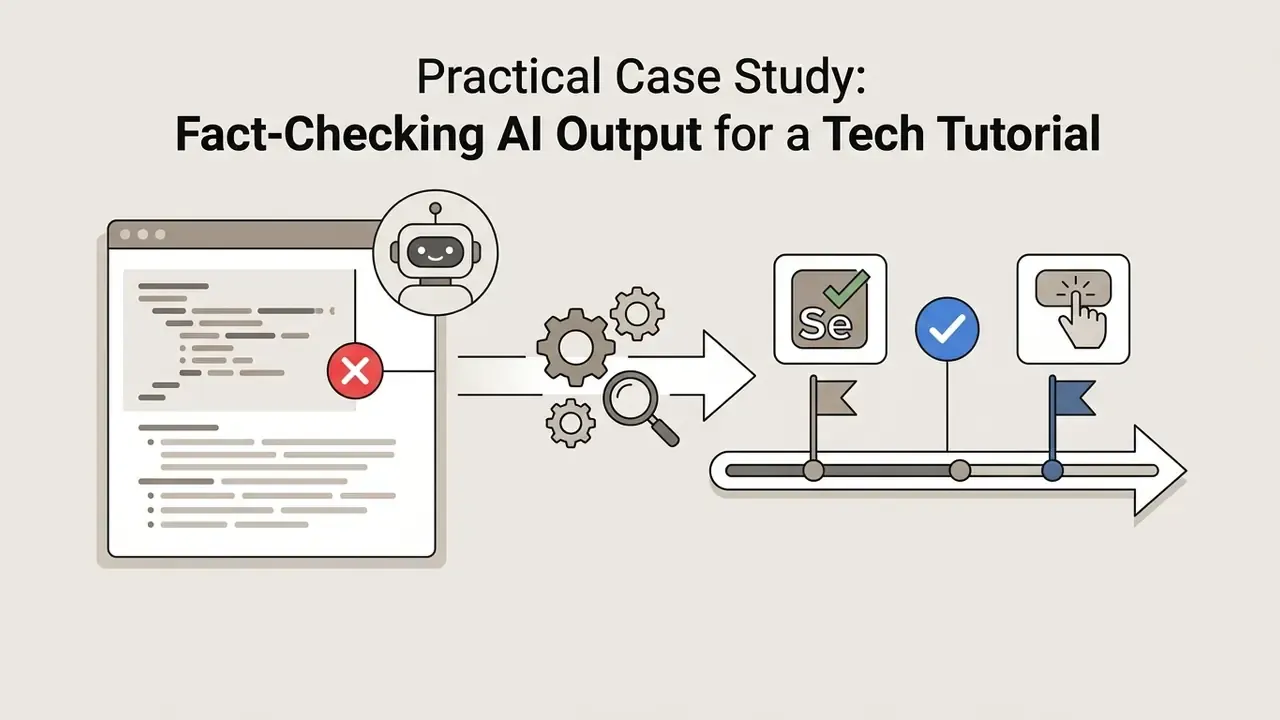 AI code output being processed through gears and a magnifying glass to verify specific tutorial timestamps