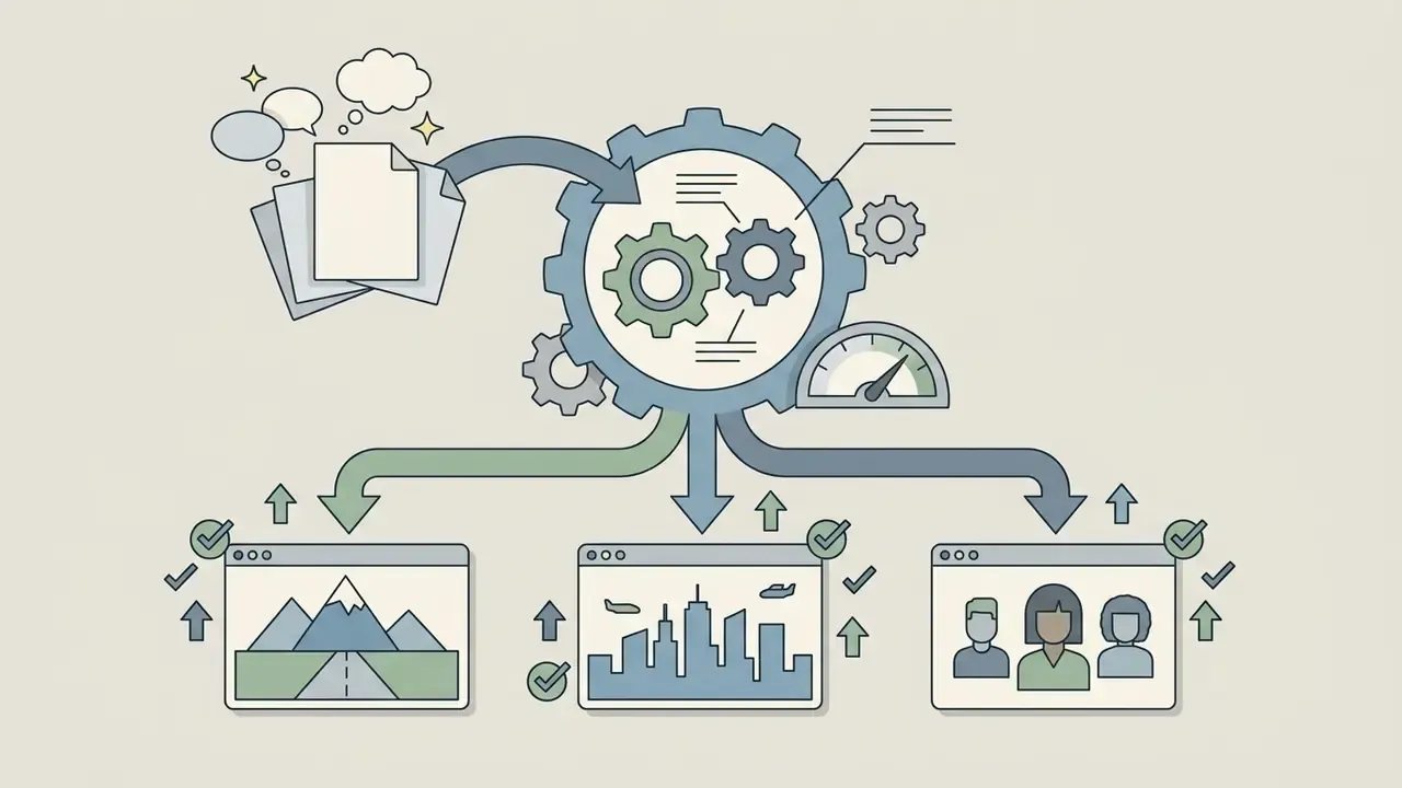 Gear mechanism processing documents into three distinct visual output windows with checkmark indicators