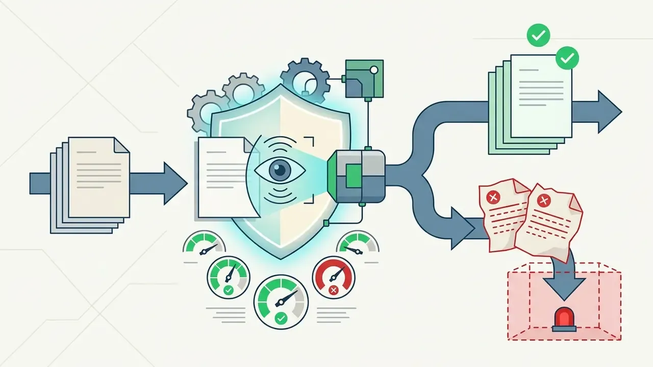 Documents passing through a shield and eye scanner that sorts safe content from flagged text violations