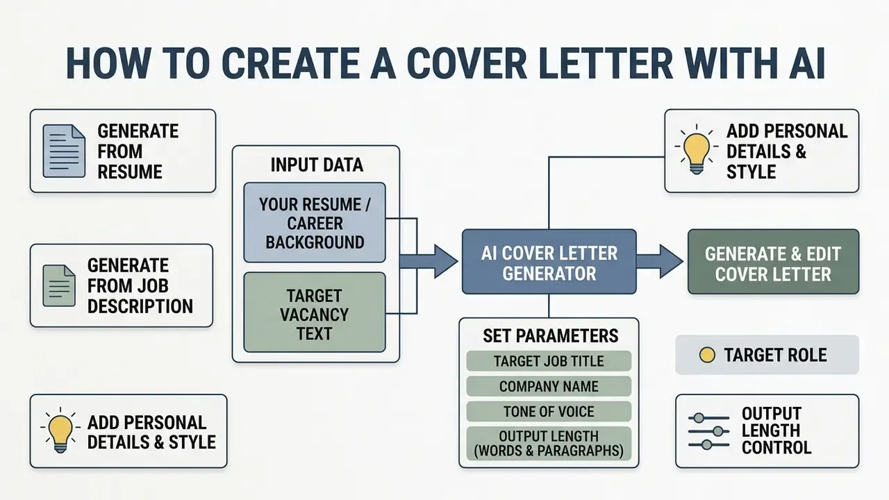 Diagram showing the workflow to input resume data and job requirements into an AI cover letter generator