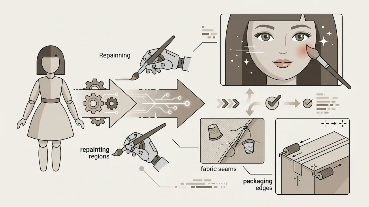 Robotic hands using brushes to manually refine doll face features, fabric seams, and packaging details