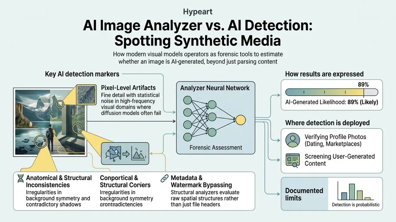 Diagram illustrating neural networks identifying synthetic media through pixel artifacts and structural analysis