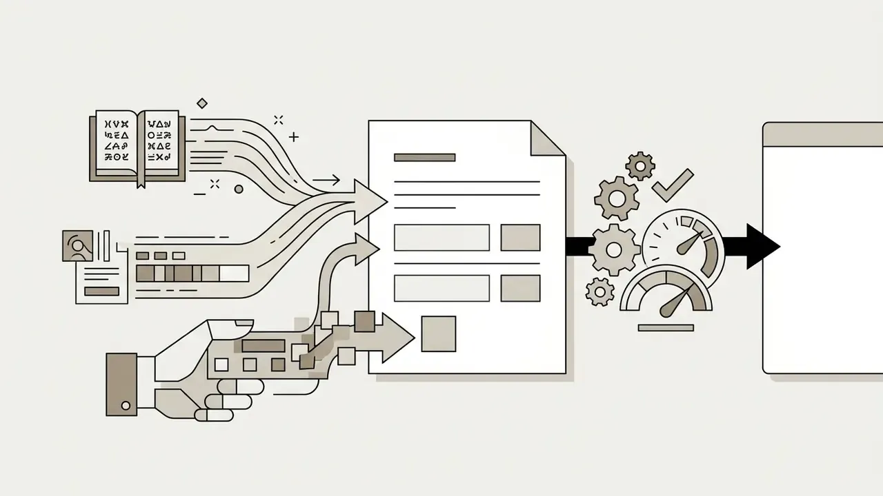 Hand and icons of books and data feeding into a document processed by gears to create a final output
