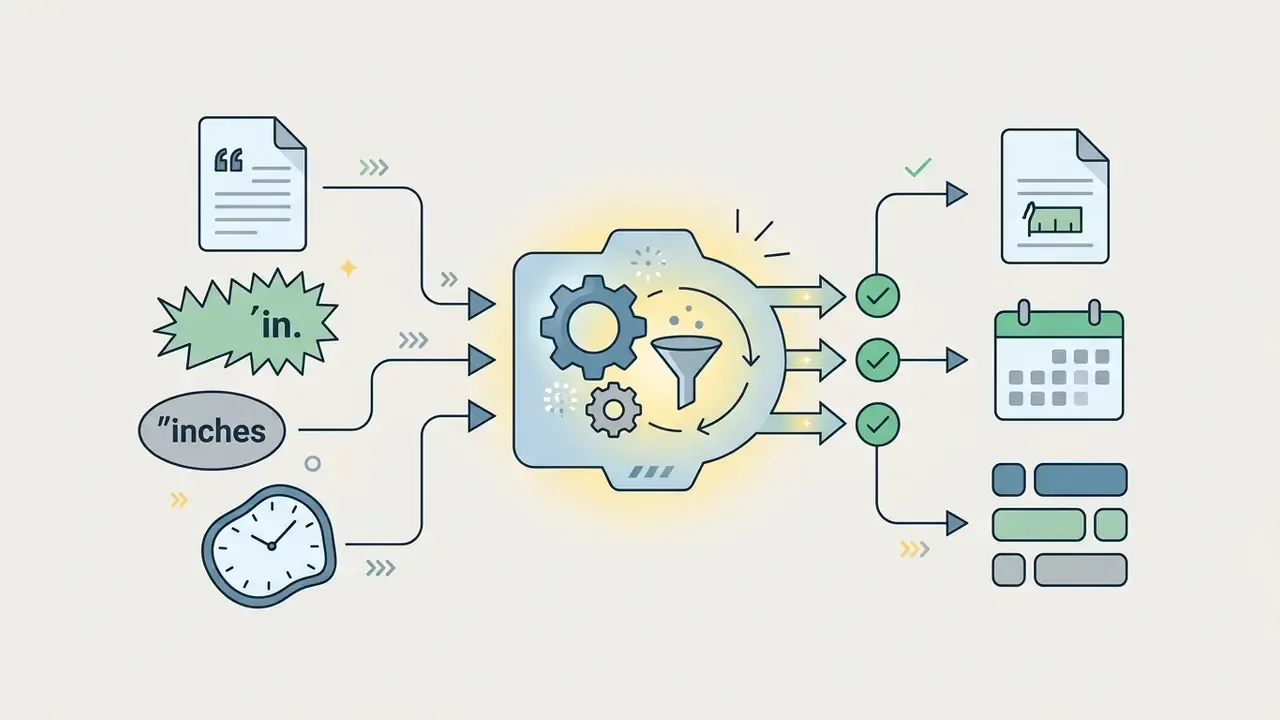Unstructured data and varied measurement formats flowing into a central processor to create uniform outputs