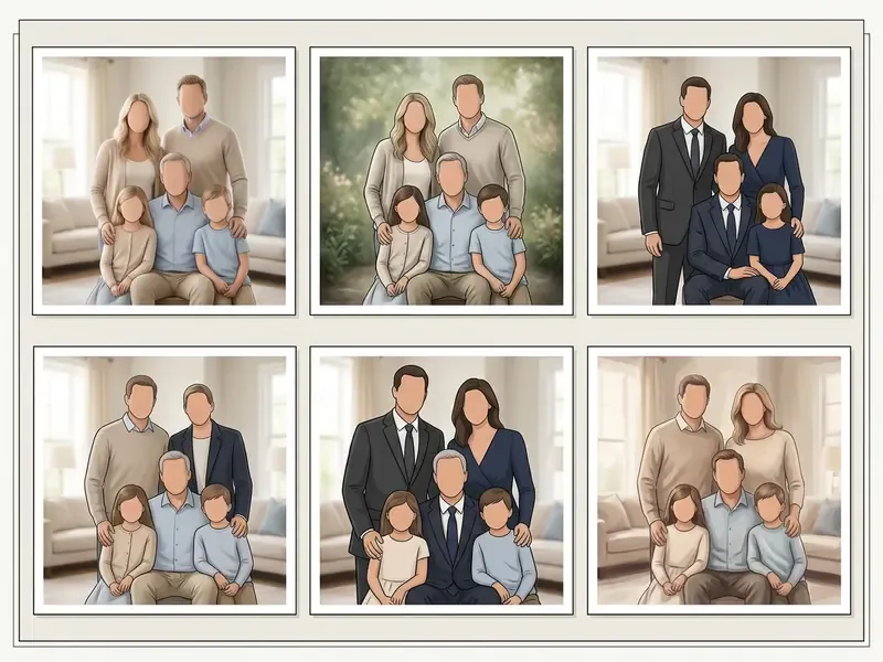 Six variations of the same family portrait displayed in different clothing styles and settings