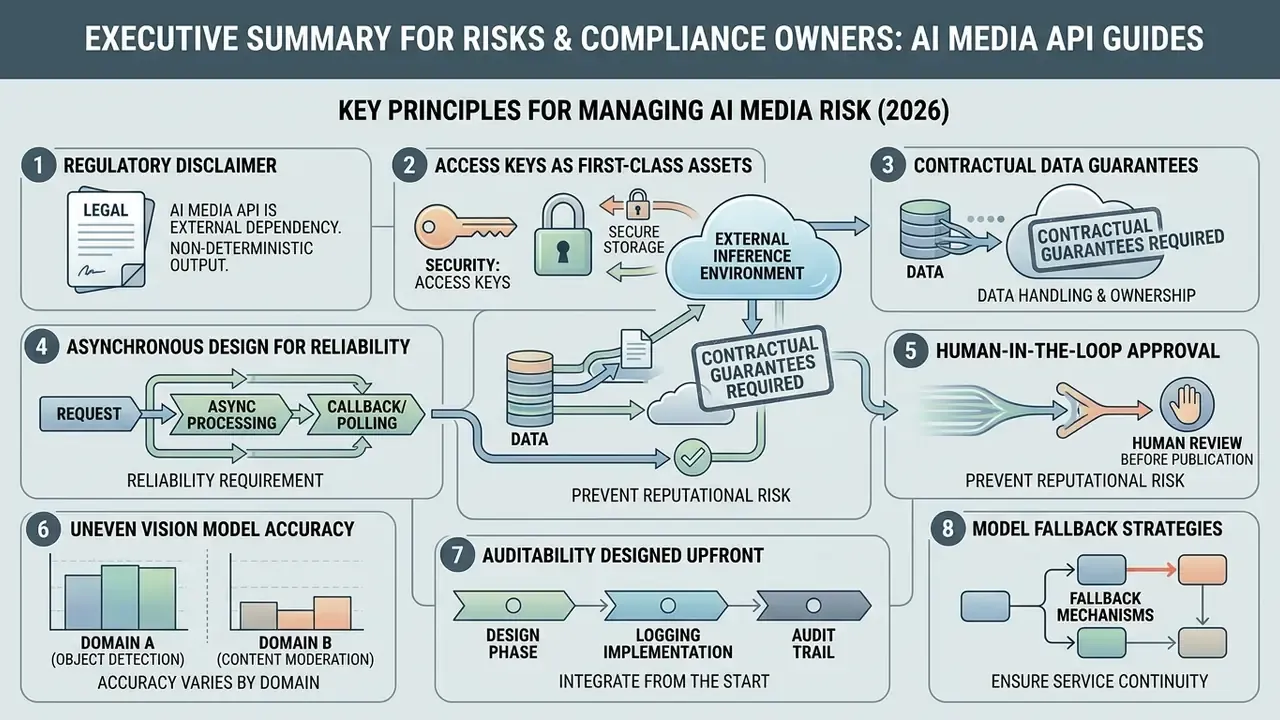 Infographic outlining eight key principles for managing risk when using an AI Media API