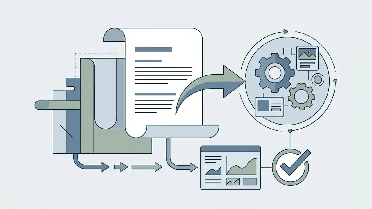 Documents feeding into a gear mechanism and data analysis screen with a checkmark for AI art generation