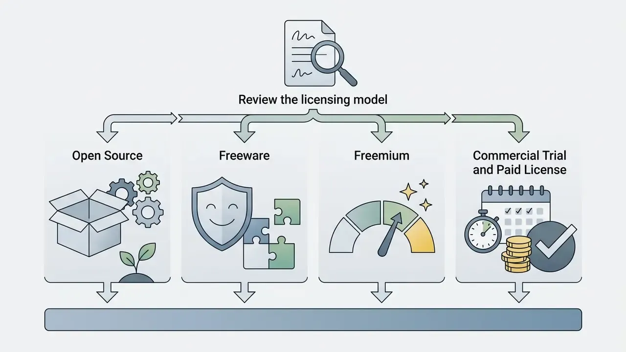 Categorization of software licensing models including open source, freeware, freemium, and commercial options