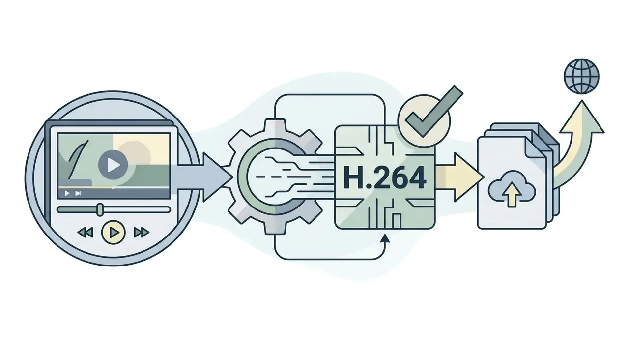Video player feeding into a gear and H.264 processor icon before uploading to the cloud