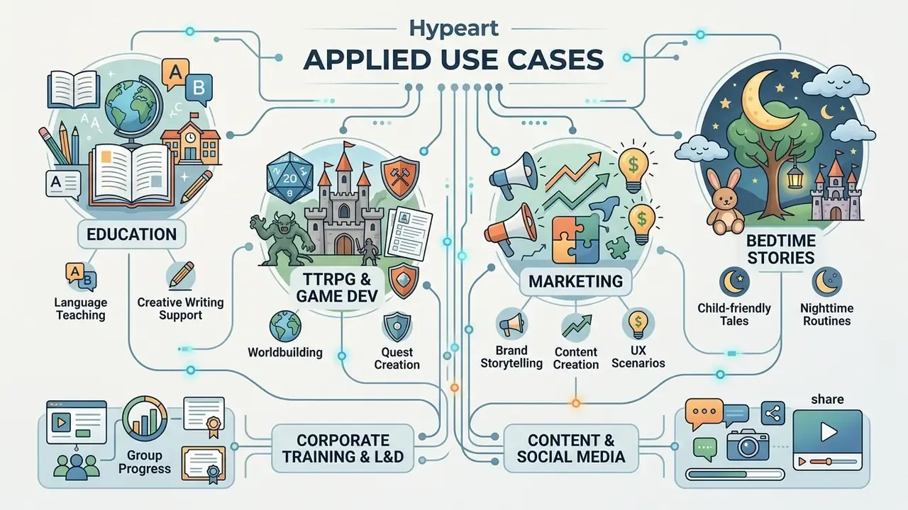 Network of icons illustrating diverse use cases for an AI story generator free unlimited