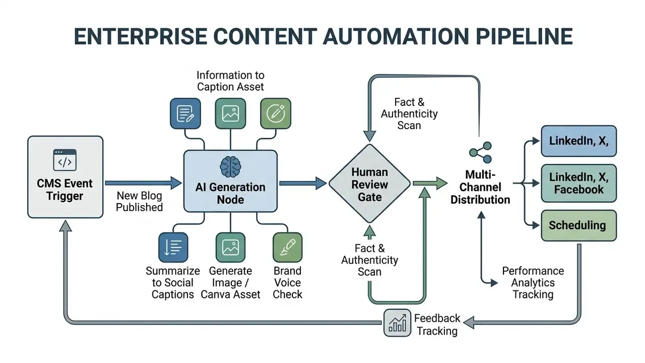 Diagram of an enterprise content automation pipeline from CMS trigger to AI generation and distribution