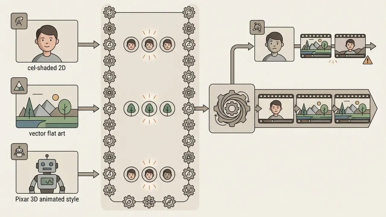 Flowchart showing how style tokens maintain consistency across different character and background assets