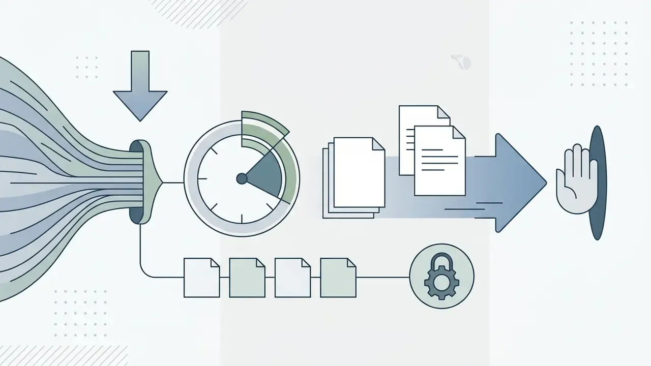 Diagram showing a funnel leading to a timer, document processing, and a hand gesture indicating a limit