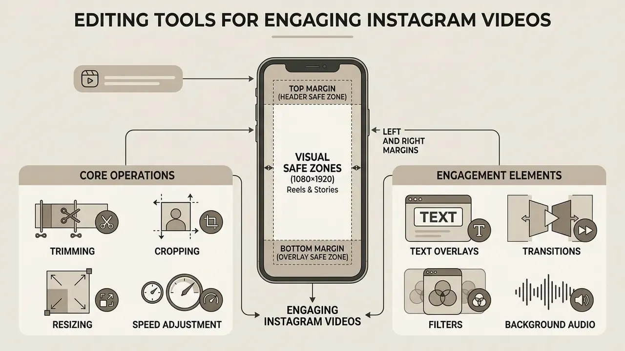 Diagram showing core video operations and engagement elements surrounding a mobile screen safe zone layout