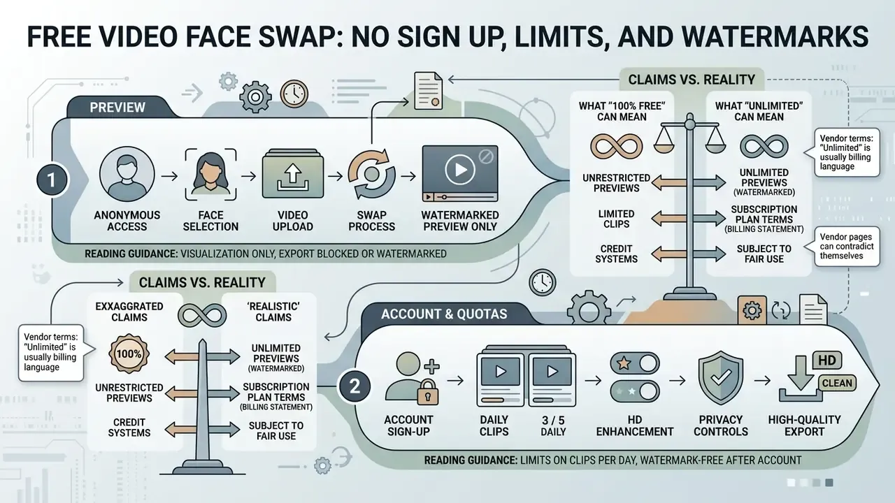 Infographic comparing free video face swap platform claims against actual usage limits and requirements