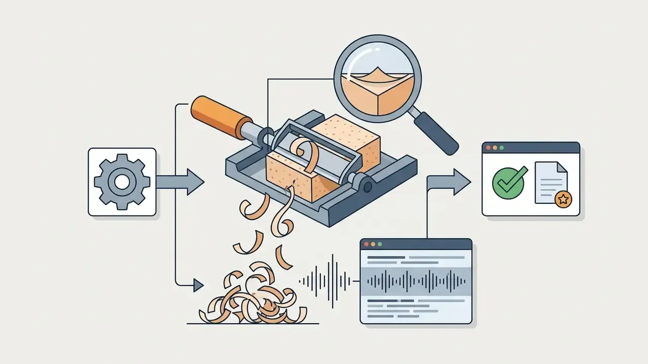 Tool shaving a block into curls with a magnifying glass and audio waveform output