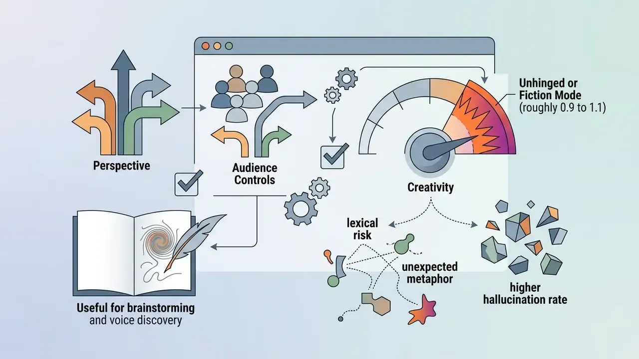 Perspective and audience icons feeding into a creativity gauge that branches into narrative outcomes