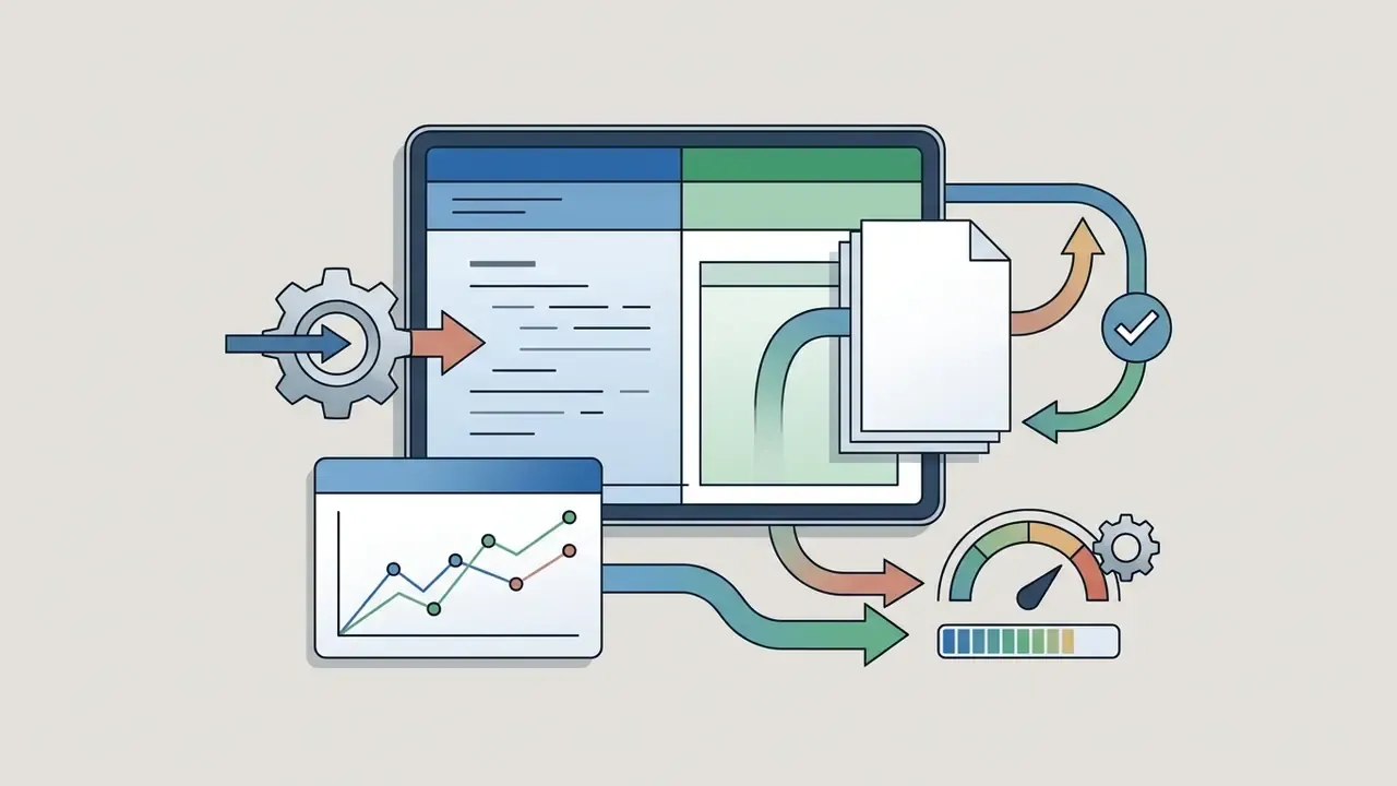 Code and documents flowing through a processing interface to generate charts and validated metrics