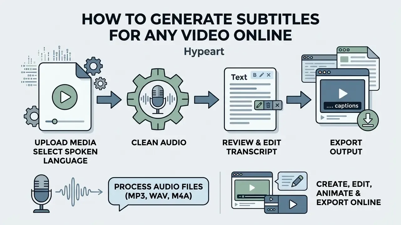 Step-by-step workflow for a free AI subtitle generator including audio processing and file export