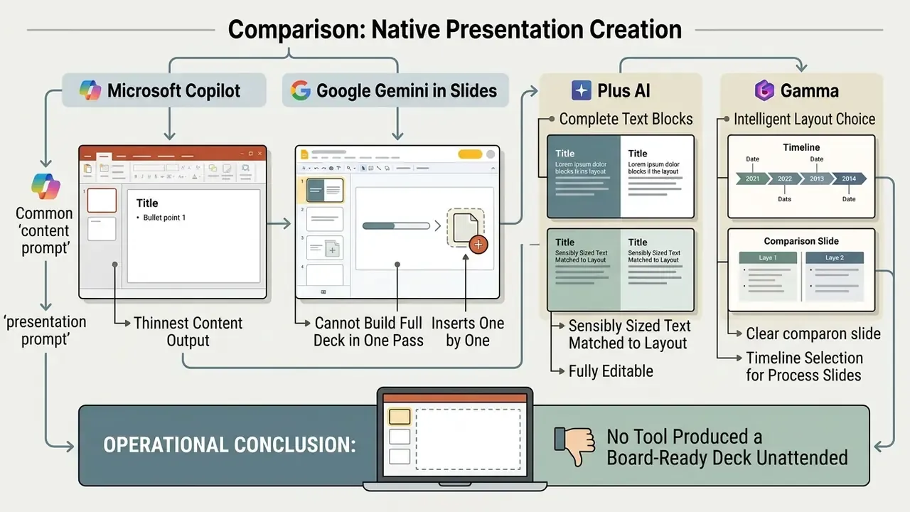 Comparison of presentation outputs from Microsoft Copilot, Google Gemini, Plus AI, and Gamma tools