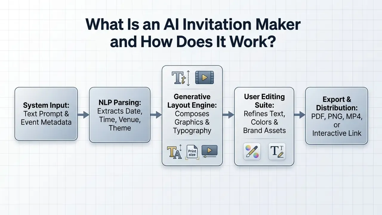 Flowchart showing the process of an AI invitation maker from initial system input to final distribution