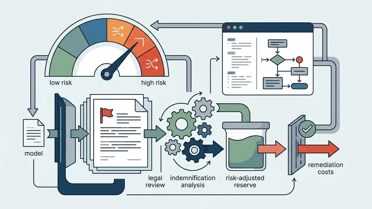 Risk assessment gauge connected to legal review, analysis gears, and a reserve fund for remediation costs