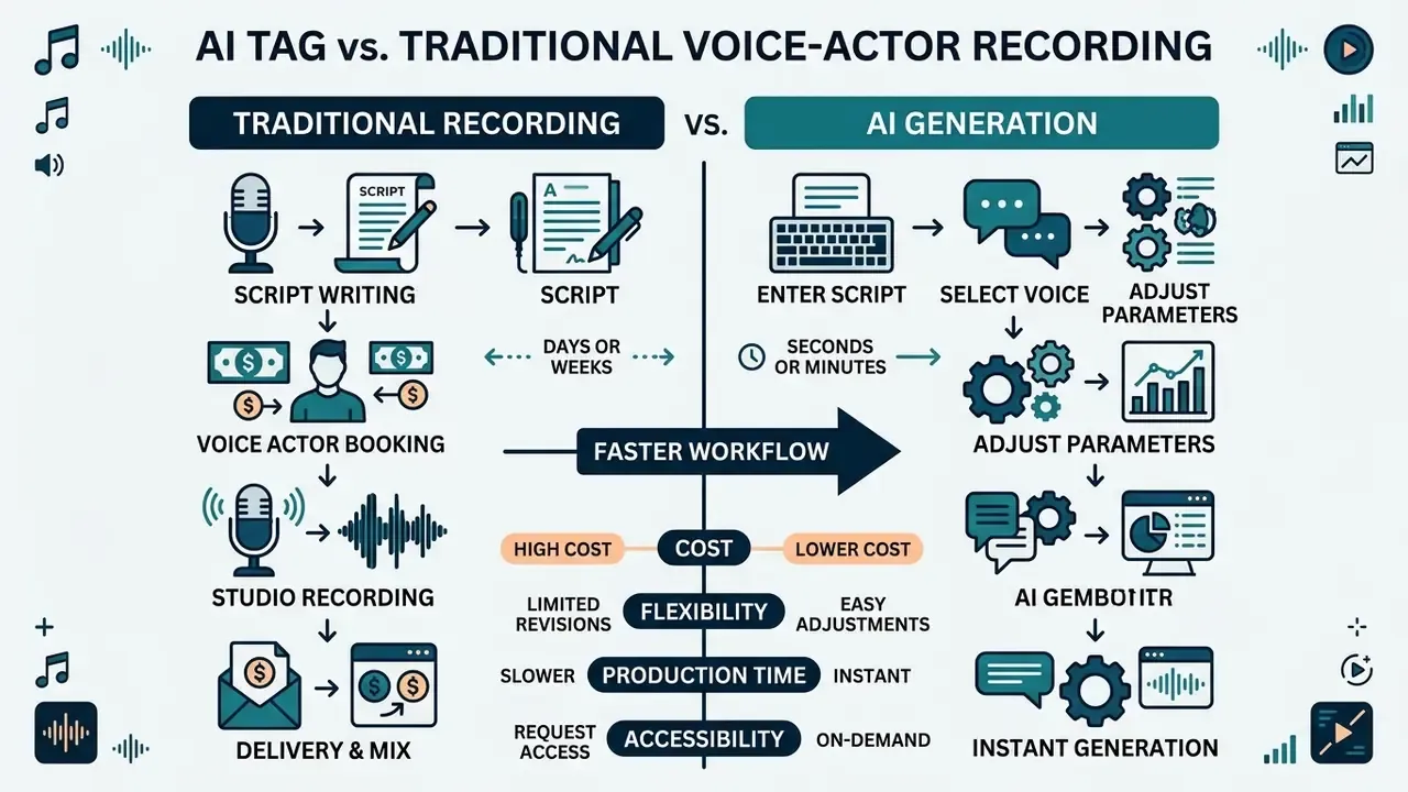 Comparison chart showing the workflow differences between traditional voice recording and AI generation