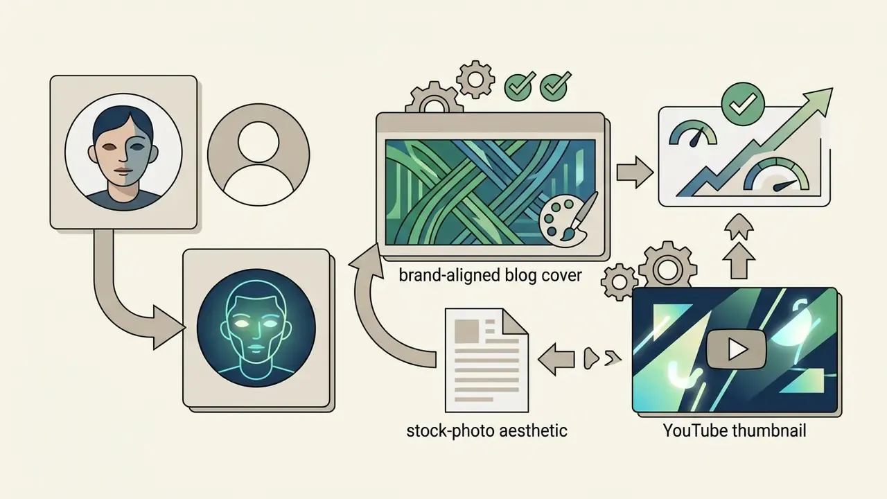 Avatar creation and content design workflow using gears to transform stock aesthetics into branded assets