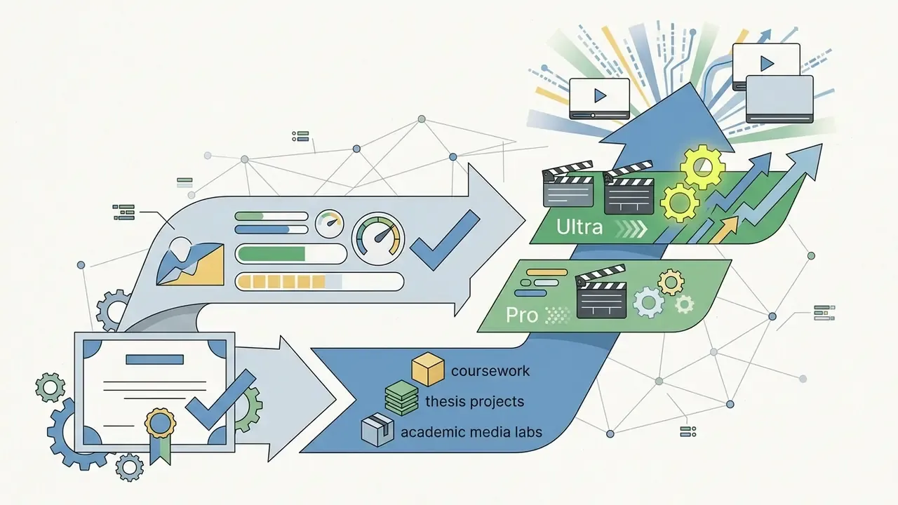Academic certificate feeding into arrows that lead to Pro and Ultra subscription tiers for video creators