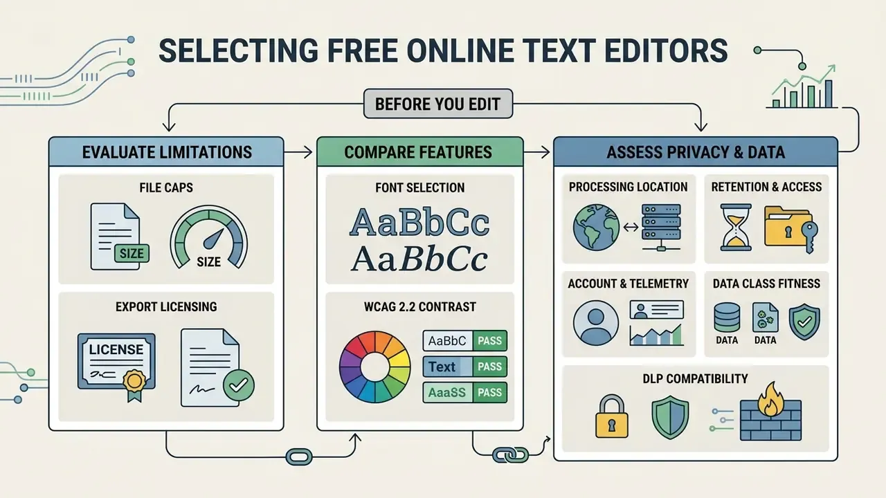 Infographic detailing evaluation criteria for online text editors including privacy and data security