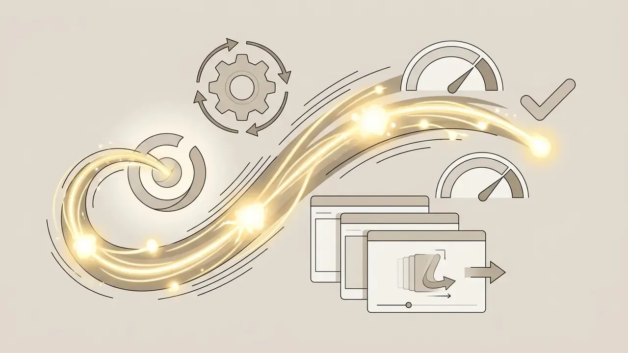 Glowing light trail sweeping past a gear, speed gauges, and layered windows with animation controls