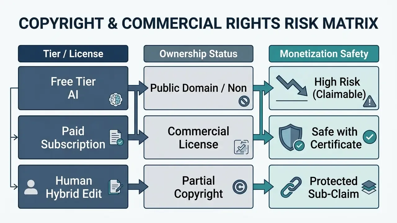 Matrix comparing AI music tiers, ownership status, and monetization safety levels for creators