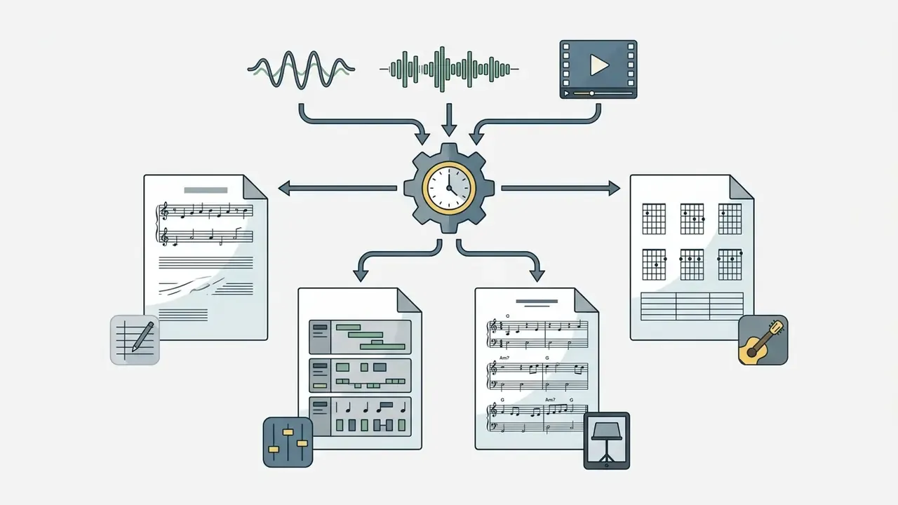 Central gear icon processing various audio inputs into diverse musical file formats and notation outputs