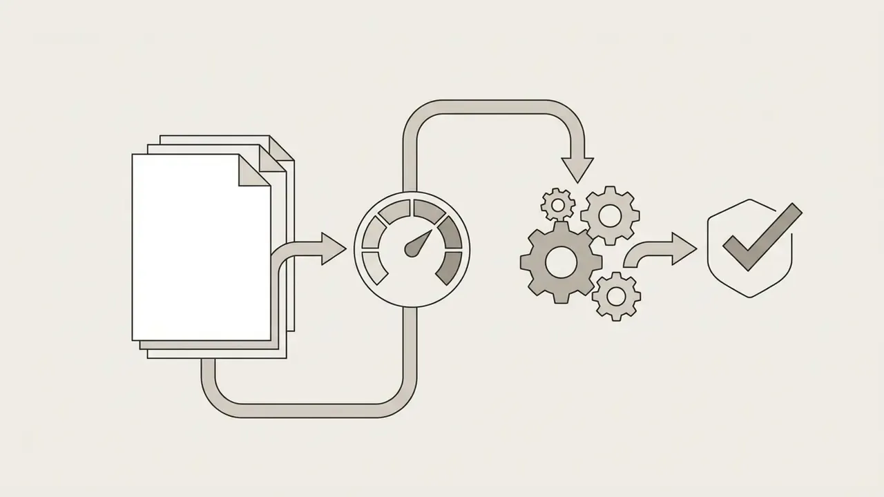 Stacked documents feeding into a gauge, gears, and a shield icon for AI art generation