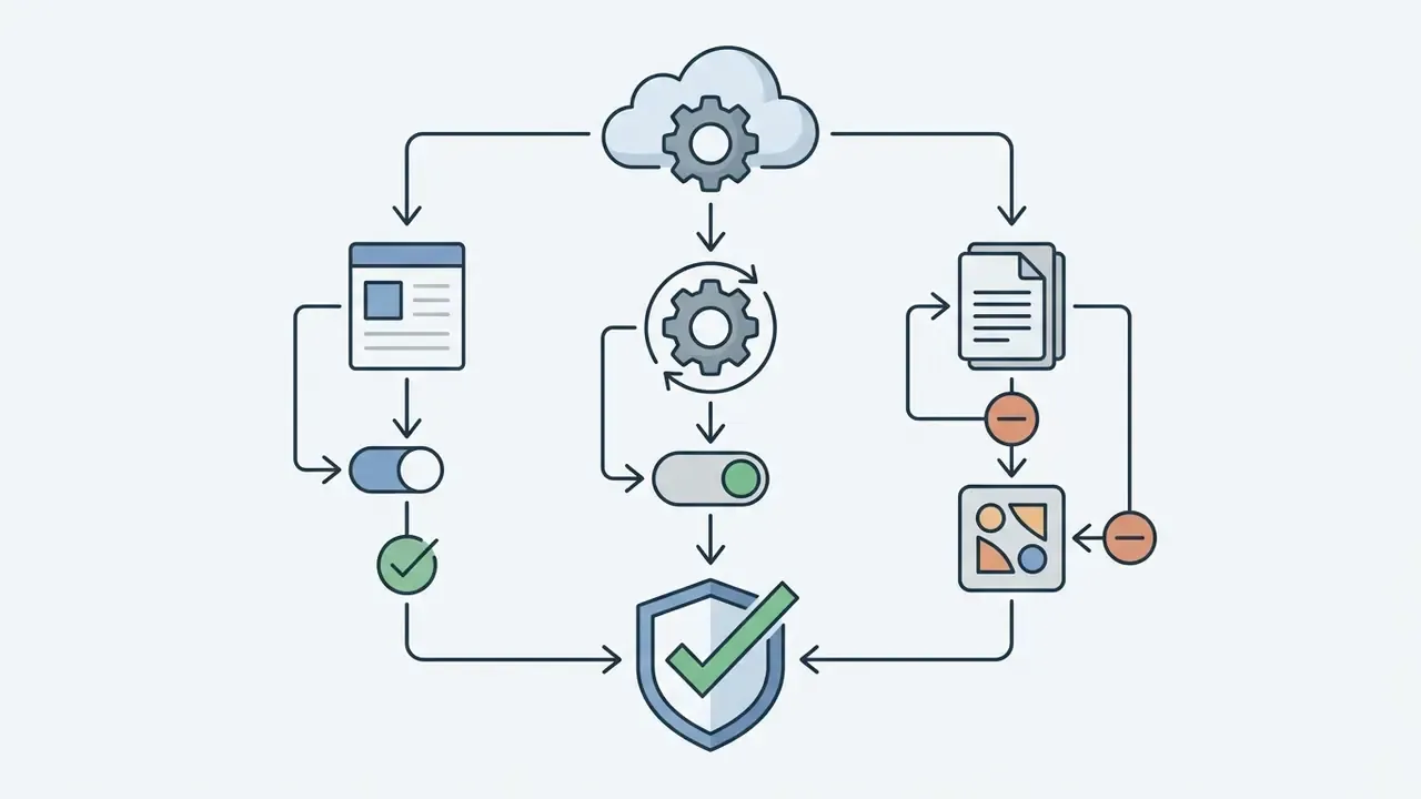 Cloud and gear icons connected to toggles and minus operators to refine search results into a verified shield