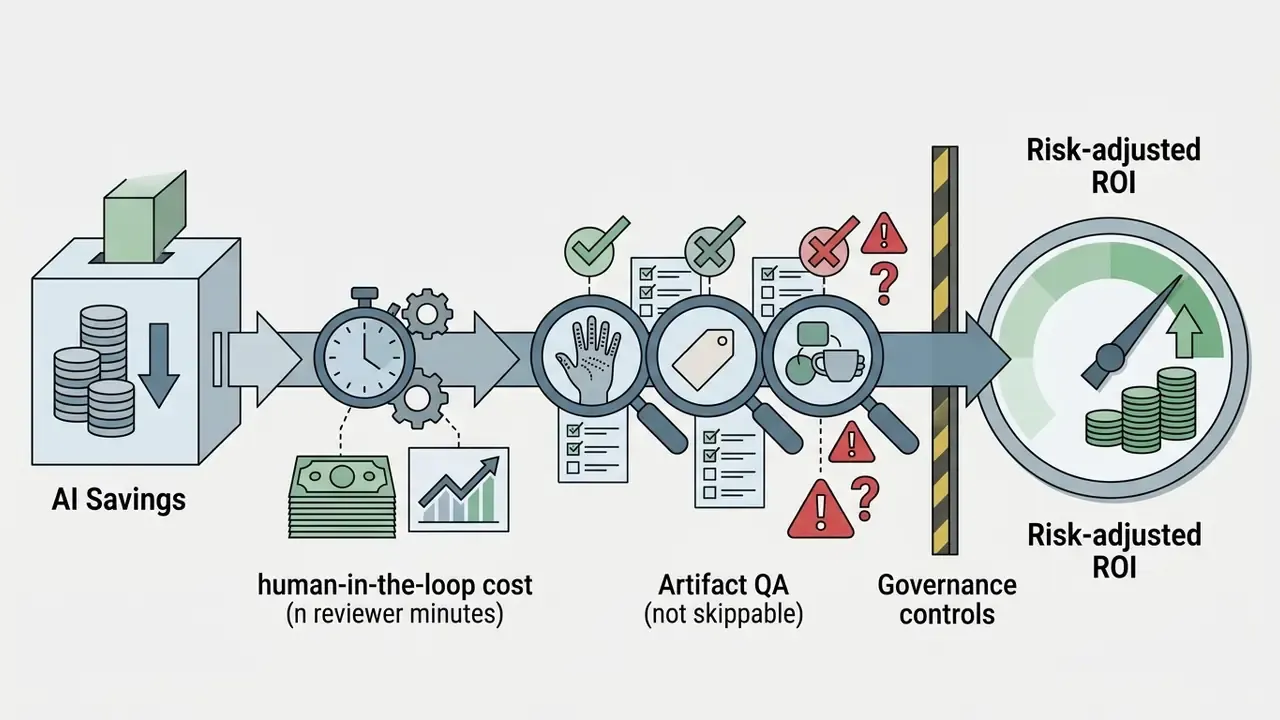 Process flow showing AI savings moving through human-in-the-loop review and QA to reach a final ROI gauge