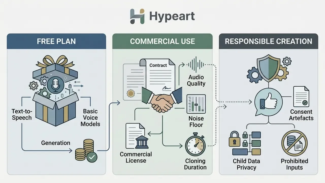 Diagram showing requirements for using an ai child voice generator for commercial and ethical projects