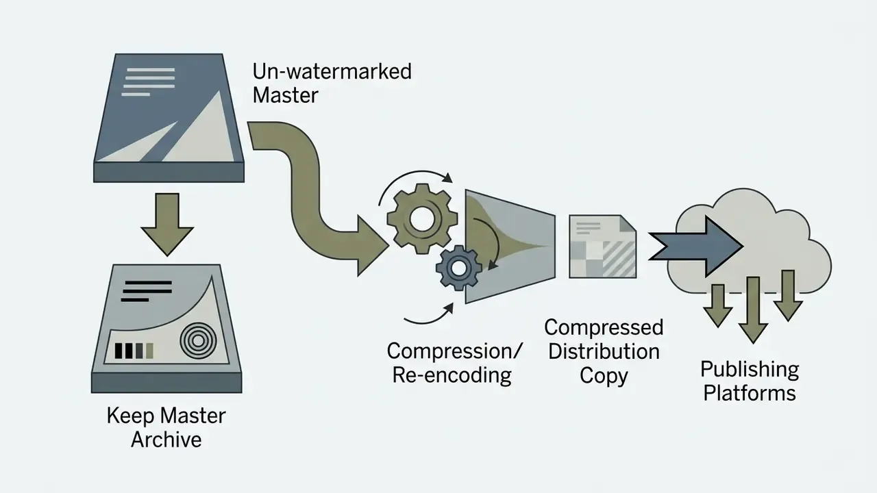 Workflow graphic showing master file archiving and compressed distribution copy creation for platforms