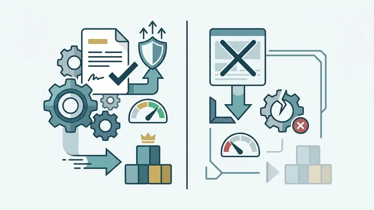 Split view showing gears and documents representing full ownership versus restricted usage icons