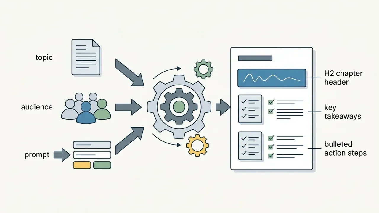Topic, audience, and prompt inputs feeding into a gear mechanism to generate structured document content