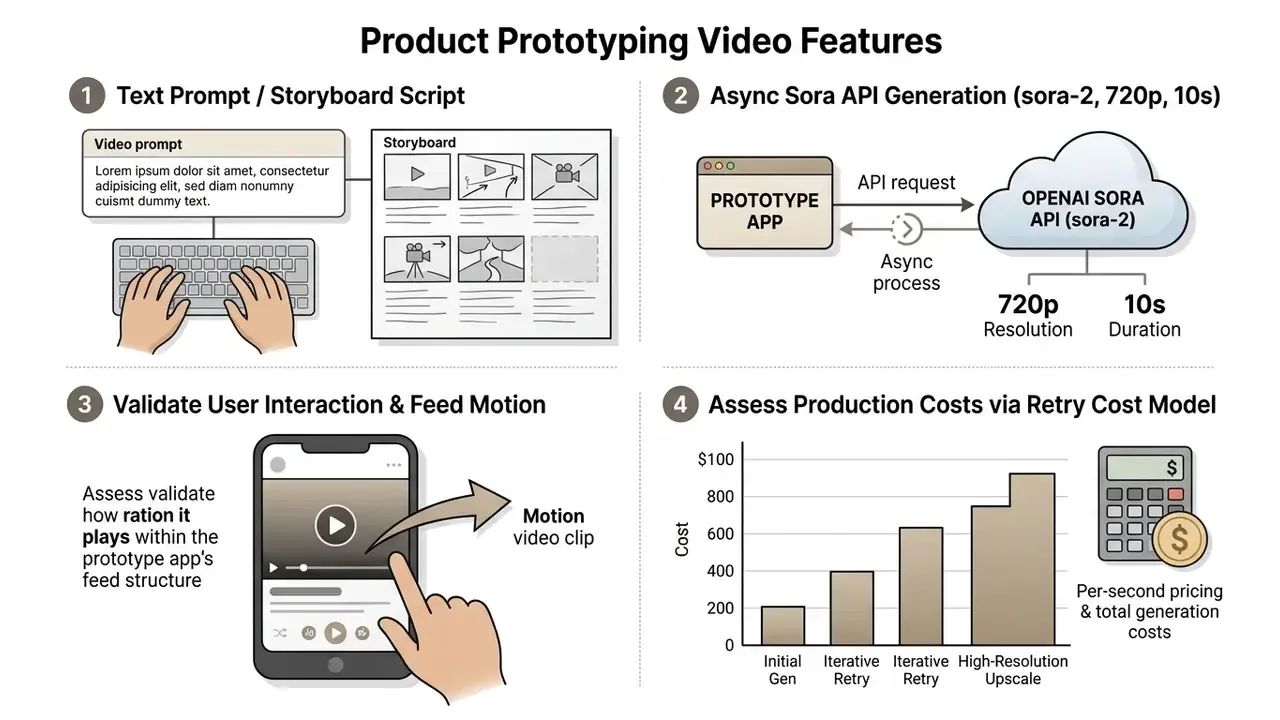 Four-part workflow showing text prompting, Sora API video generation, app integration, and cost analysis