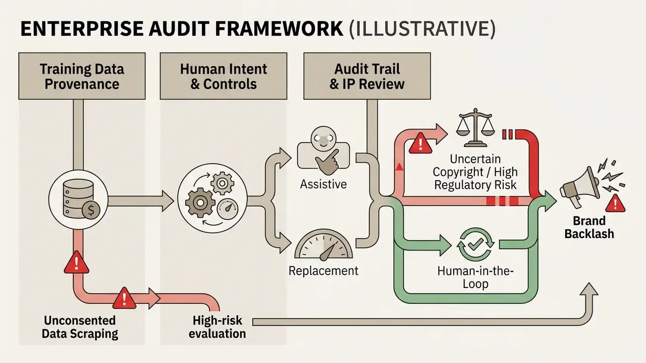 Flowchart showing how data provenance and human controls impact risks like copyright and brand backlash